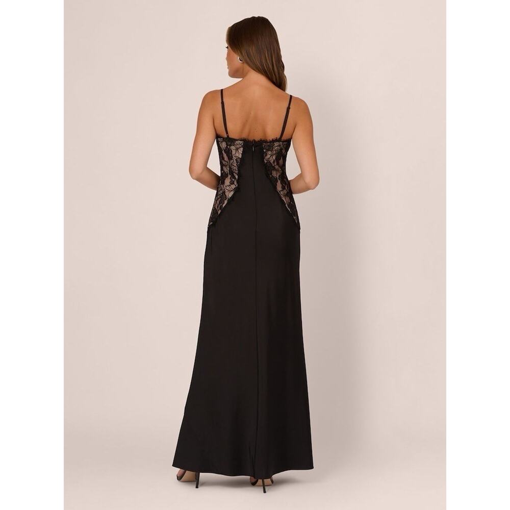 NWT Adrianna Papell Black Stretch Satin Lace Maxi Slip Gown Dress US 12 - Picture 3 of 12
